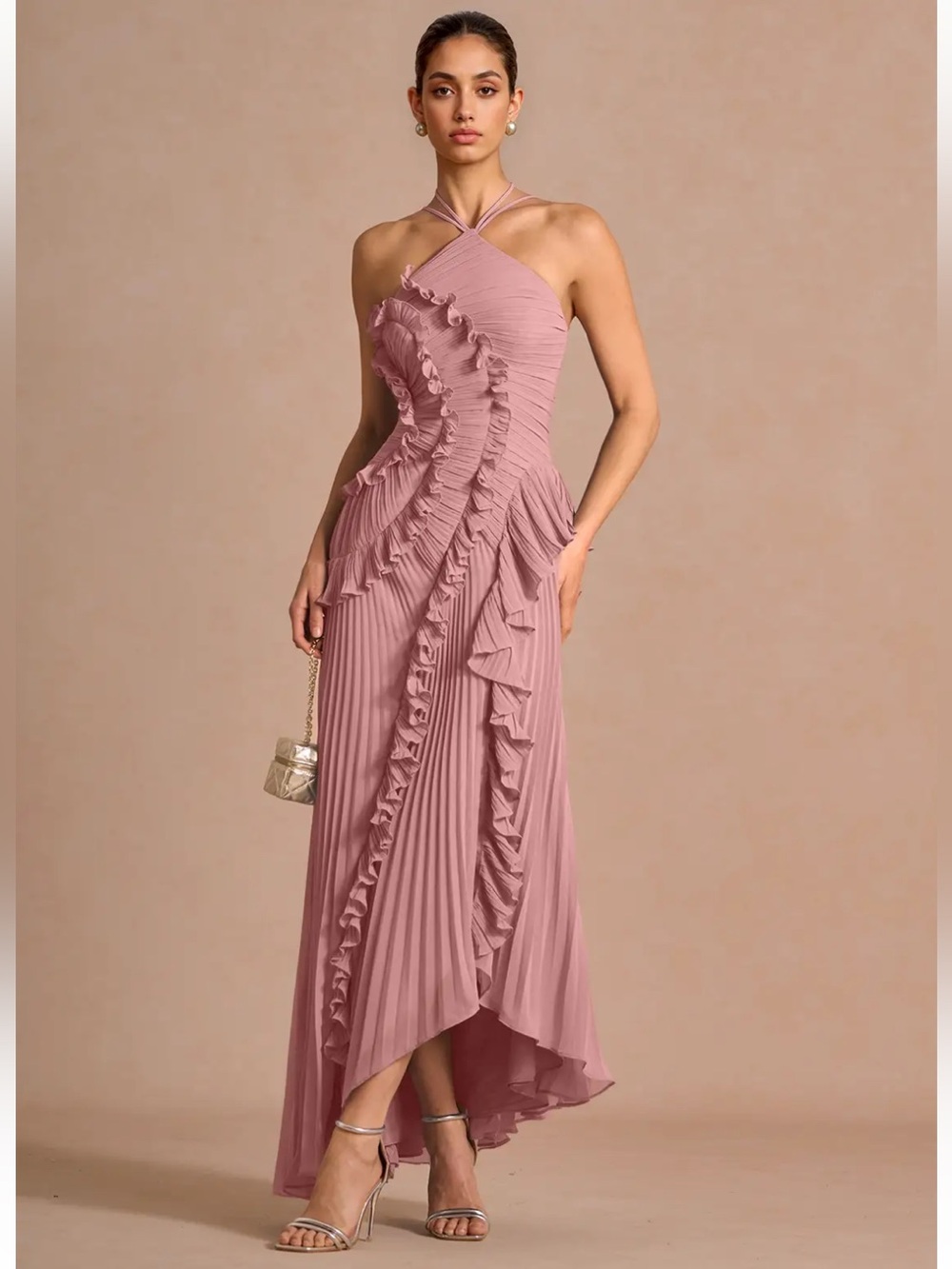 Azazie Maxi Dress - Sleeveless Halter Ruffle Pleated Maxi Dress in Dusty Rose